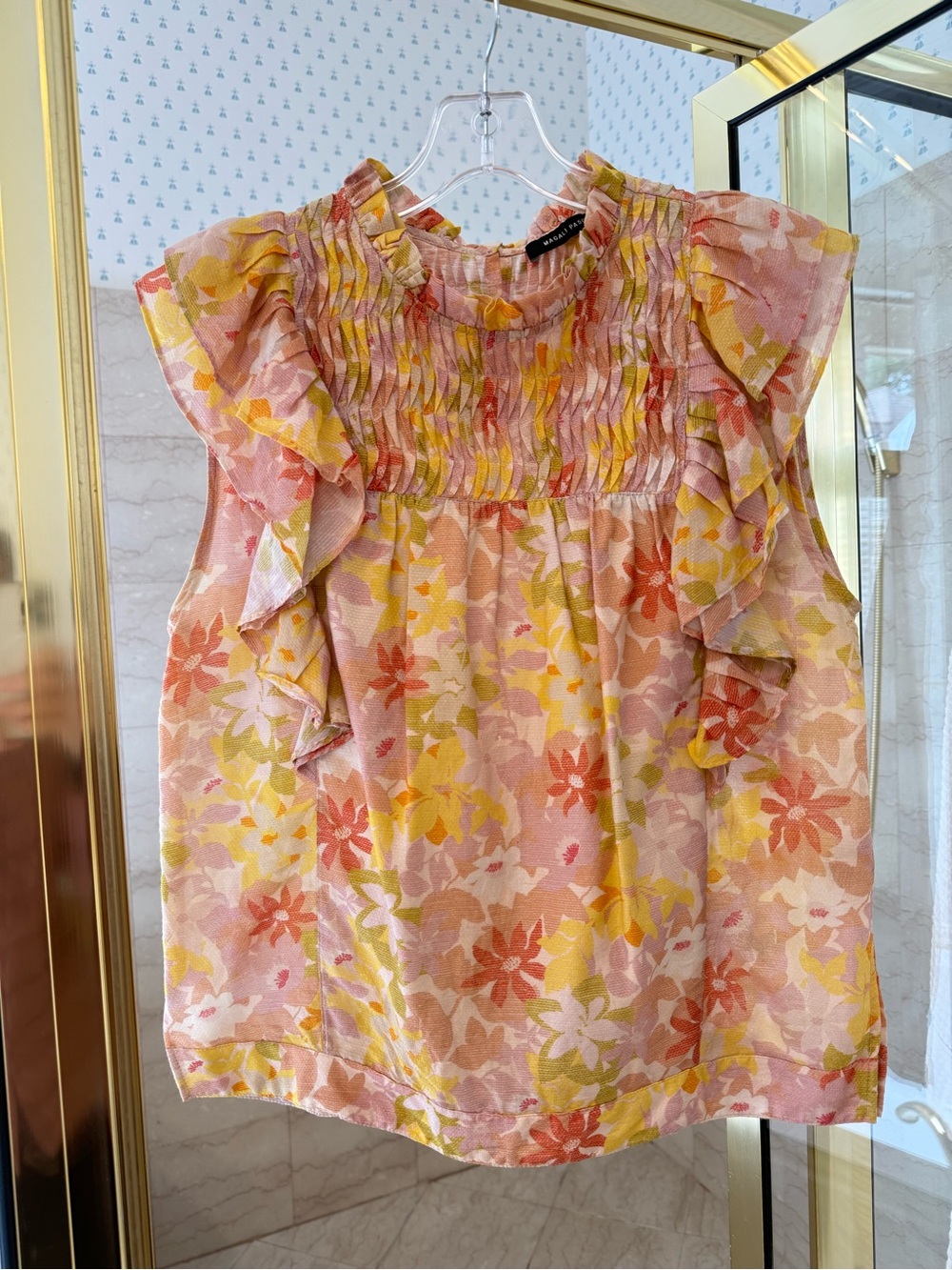 Magali Pascal Floral Ruffle Sleeveless Top in Pink, Yellow & Cream